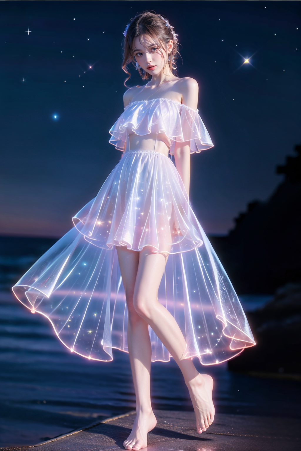 03653-505304359-night,dark environment,,Outdoors,beach,1girl,(full body_1.3),(long legs_1.2),looking at viewer,standing,bare feet,Milky Way, sta.png
